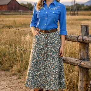 Christopher & Banks Floral A-Line Skirt in Blue and Green